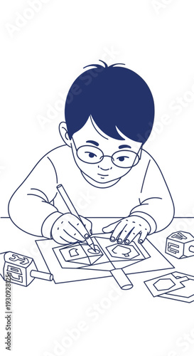 Young Artist Engaged in Creative Drawing and Building Blocks Activities