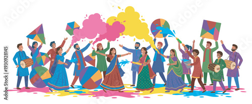 Diverse people celebrating Holi festival with vibrant colors, throwing powder, spraying water, and playing drums.