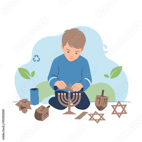 Young Boy Assembles Hanukkah Menorah And Dreidel With Holiday Spirit Celebration