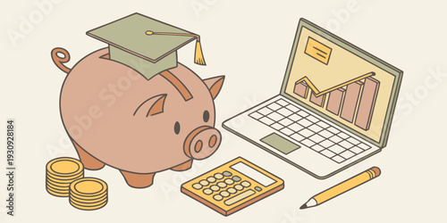 Piggy bank beside laptop and calculator illustrating digital learning investment, student financial planning, online education costs, and modern academic savings concept.