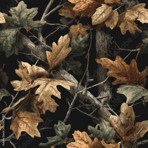 Real oak tree vector hunting camouflage seamless pattern. Deer hunting pattern. Digital camouflage. Forest background. Jungle texture. 