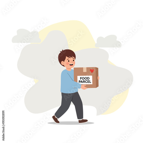 Young Boy Carries Food Parcel Box With Heart Symbol