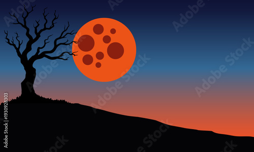 Spooky Halloween night background with a silhouette of a bare dead tree on a hill against a large orange full moon and dark blue sunset sky. Vector illustration.