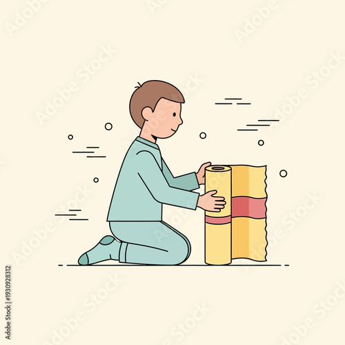 Young Boy Engaged In Crafting With Rolled Paper Materials