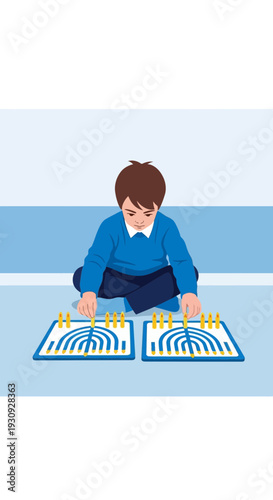 Young Boy Engaged in Mindful Play With Educational Game Boards