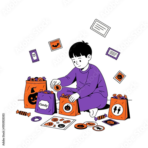 Young Boy Enjoying Halloween Candy Collection With Festive Bags And Decorations