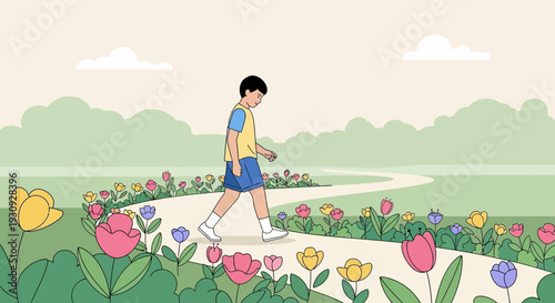 Young Boy Enjoys A Peaceful Walk Through A Blooming Spring Garden Path