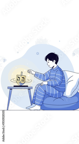 Young Boy Playing With A Dreidel On A Bed During Hanukkah Celebration