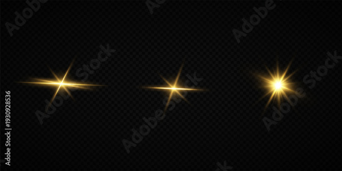 Glowing Golden Star Light Effect with Sparkle Rays and Lens Flare Illumination on Transparent Background