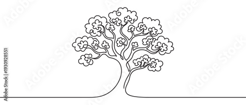 Continuous line drawing of a tree with a flowing trunk and lush, stylized canopy representing nature and growth.