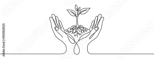 Continuous line drawing of two hands holding a young plant with roots, representing nature, sustainability, and new beginnings.