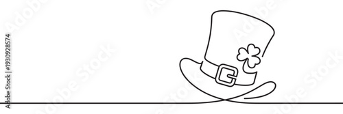 Leprechaun hat with shamrock and buckle drawn in a continuous single line art style for St. Patrick's Day celebration.