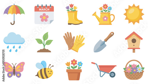 Cute colorful spring gardening nature weather icons set in a flat design style illustrating seasonal elements and outdoor activities.