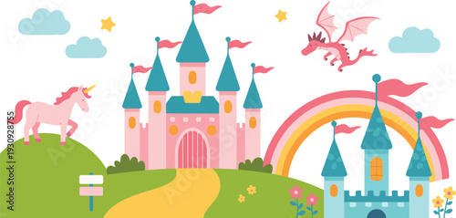 Cute fairy tale castle illustration with unicorn dragon rainbow and magical kingdom landscape line art
