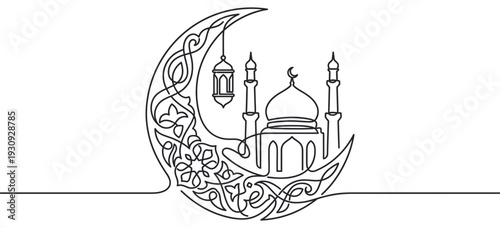 Crescent moon mosque lantern continuous line drawing representing Islamic celebration and religious holiday design elements for greeting cards and banners.