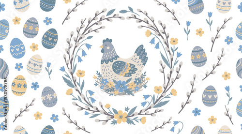 Cute hen illustration surrounded by a beautiful floral wreath and decorative Easter eggs in a seamless spring pattern.