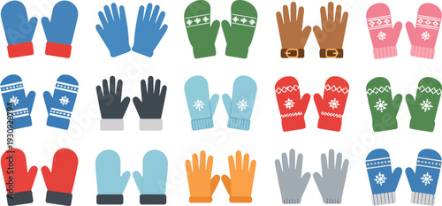 Colorful winter mittens set with knitted glove patterns for cold season holiday clothing line art illustration