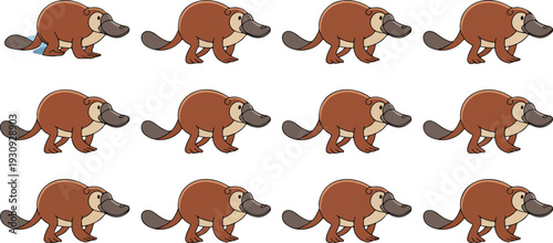 Platypus Cartoon Illustration Set Featuring Walking Swimming and Crouching Poses Isolated on White Vector Collection