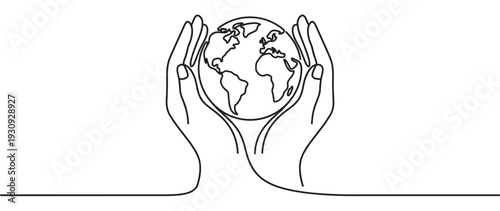Hands holding planet Earth in a continuous line art drawing symbolizing global care, environmental protection, and human connection.