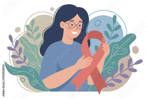 Smiling woman holding a red awareness ribbon, symbolizing support for health, care, and important causes with a hopeful expression.