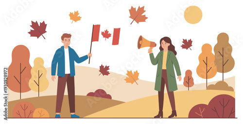 Man and woman holding Canadian flag and megaphone are actively participating in a patriotic autumn celebration.