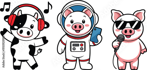 Cute Cartoon Farm Animals as Musicians with Astronaut Pig Colorful Flat Vector Illustration Set