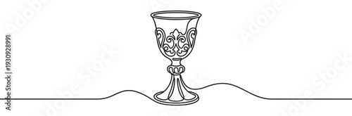 Ornate goblet continuous line drawing illustrates an elegant and symbolic vessel often associated with celebration and spirituality.
