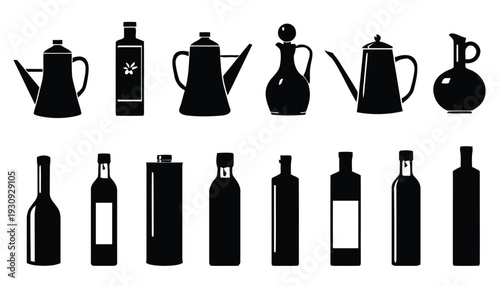 Collection of silhouette bottles and teapots with olive branches and tea leaves