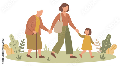 Three generations of women walking together, holding hands, symbolizing family support and intergenerational connection.