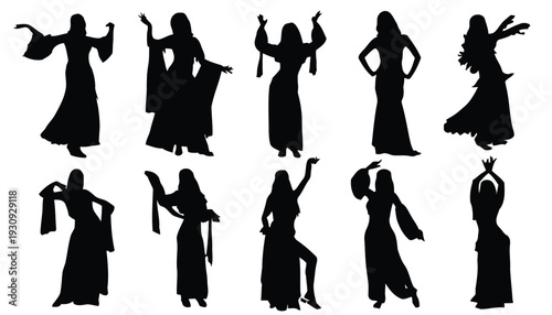 Collection of silhouette figures dancing in traditional costumes