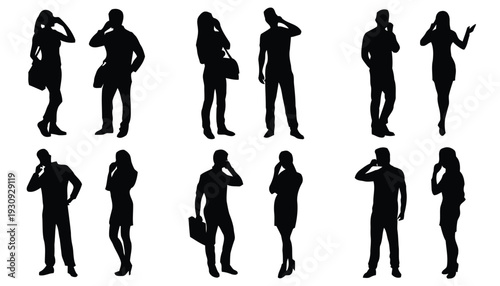 Collection of silhouette people talking on mobile phones isolated on white background