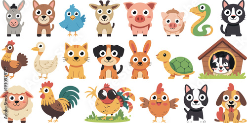 Cute Farm and Pet Animals Collection Featuring Different Species Cartoon Kids Animal Vector Illustration Set