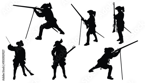 Collection of silhouettes of historical soldiers with muskets in various poses