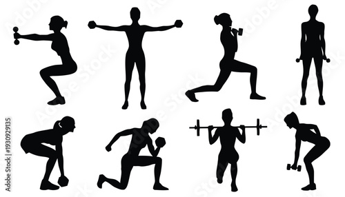 Collection of silhouettes of women exercising with dumbbells and barbells