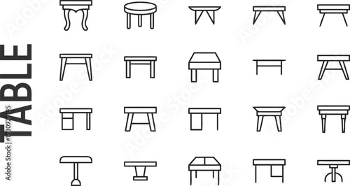 Collection of simple linear icons representing various table designs and furniture styles