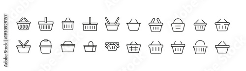 Collection of simple outline icons representing shopping baskets in various styles and designs