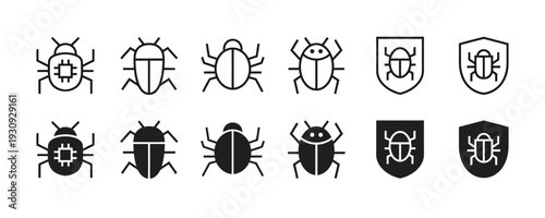 Computer bug and malware security shield icon set for cyber protection software