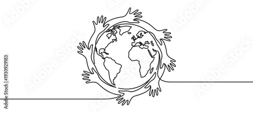Human hands embracing planet Earth in a continuous line drawing style illustrating global unity and environmental protection.