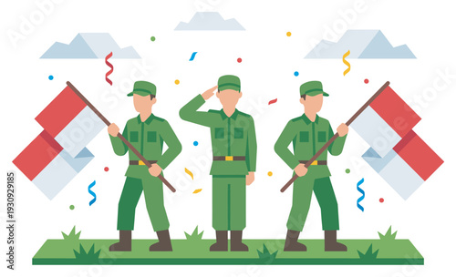 Three military men stand proudly holding national flags and saluting during a festive patriotic celebration with colorful confetti.