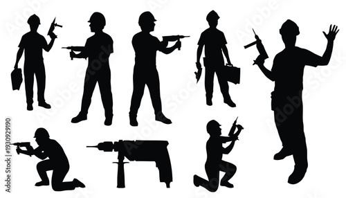 Construction workers with drills and toolboxes in various poses, vector silhouettes