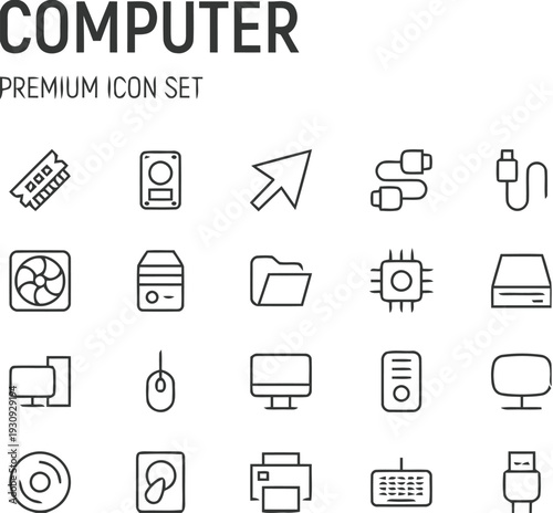 Computer icon set for technology and digital devices including hardware, software, and connectivity elements