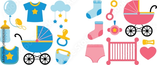 Baby Boy and Girl Essentials Vector Illustration Set with Stroller Clothes Toys Bottles and Nursery Accessories