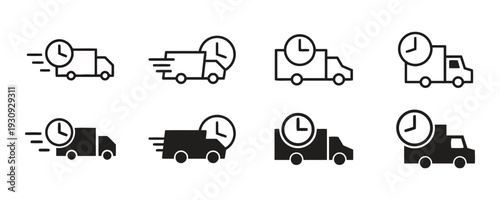 Delivery truck icons showing speed and time, outline and filled versions