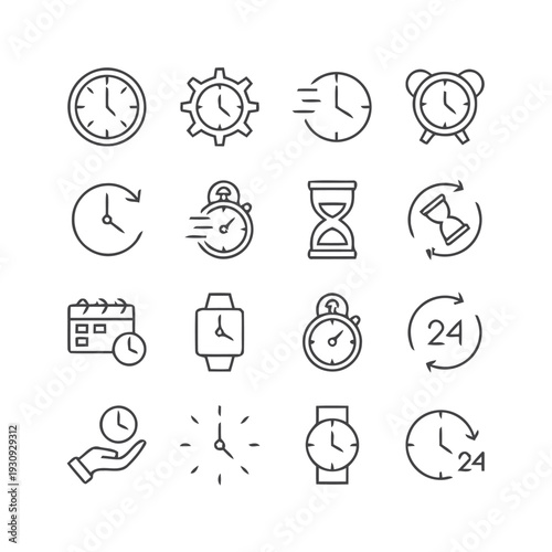 Collection of thin line icons related to time, clocks, and watches for apps and web design