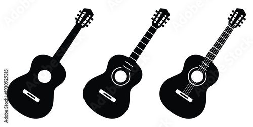Collection of three black silhouette acoustic guitars with string and tuning pegs