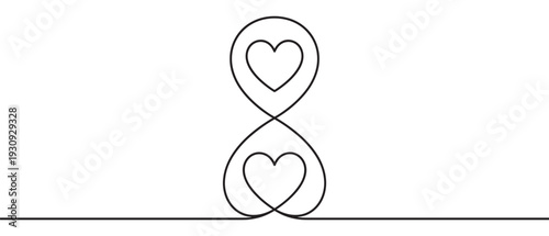Continuous line drawing of two connected hearts forming an elegant infinity symbol, representing eternal love and connection.