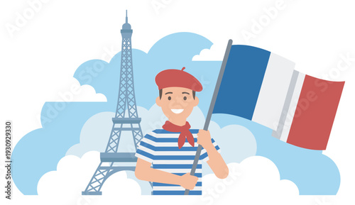 Smiling cartoon man proudly holds the French flag, celebrating national identity and cultural heritage with a famous landmark.