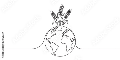 Earth with wheat growing from its surface in a continuous line art drawing representing global agriculture and sustainability.