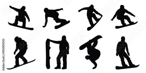 Dynamic collection of snowboarder silhouettes performing tricks on white background