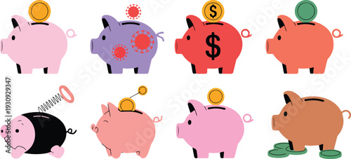 Piggy Bank Financial Concept Vector Set Showing Savings Profit Loss Virus Impact and Economic Risk Flat Illustration